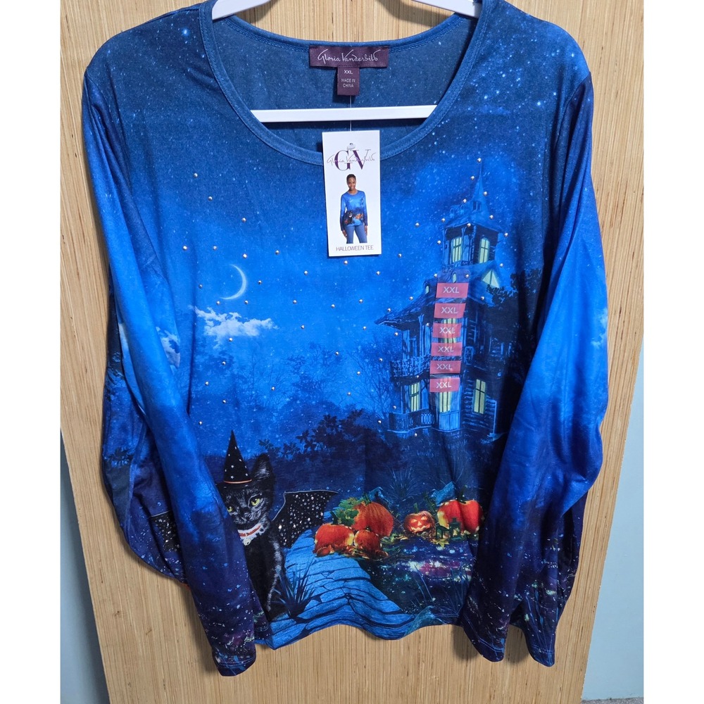 Gloria Vanderbilt Halloween Tee XXL Blue Haunted House Cat Bat Wings Rhinestones